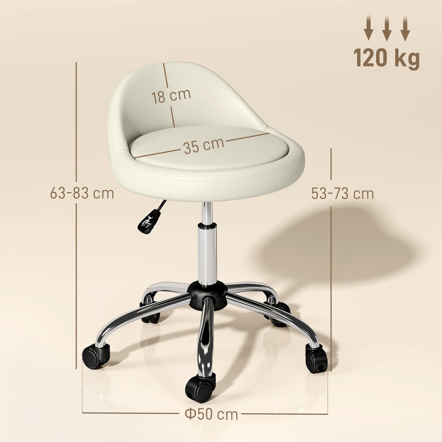 Adjustable Swivel Stool, White Faux Leather, 360° Rotation