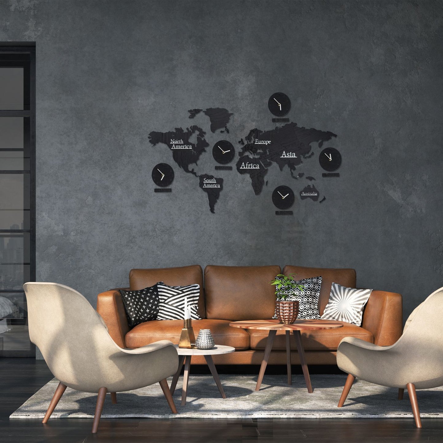 World Map with 5 Clocks