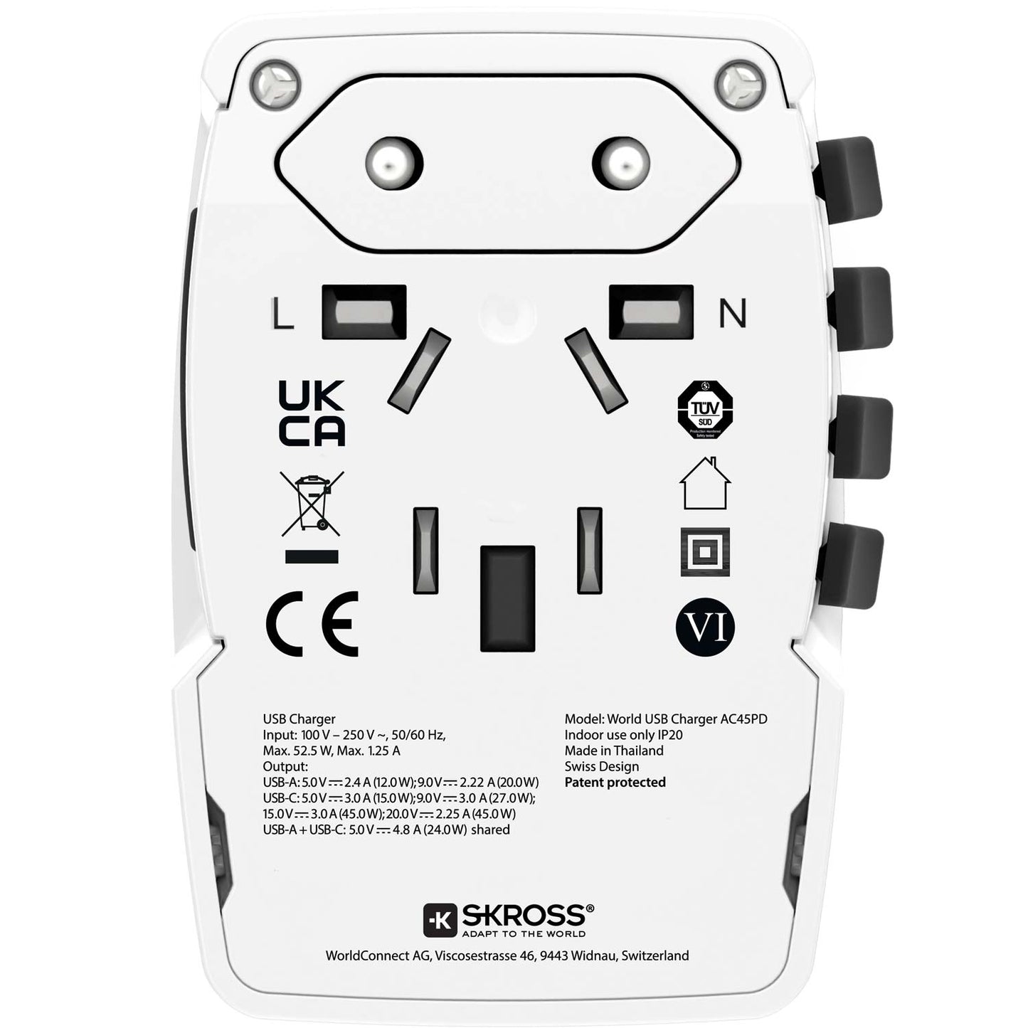 World travel charger AC45PD USB-A+USB-C PD 45W Ungrounded
