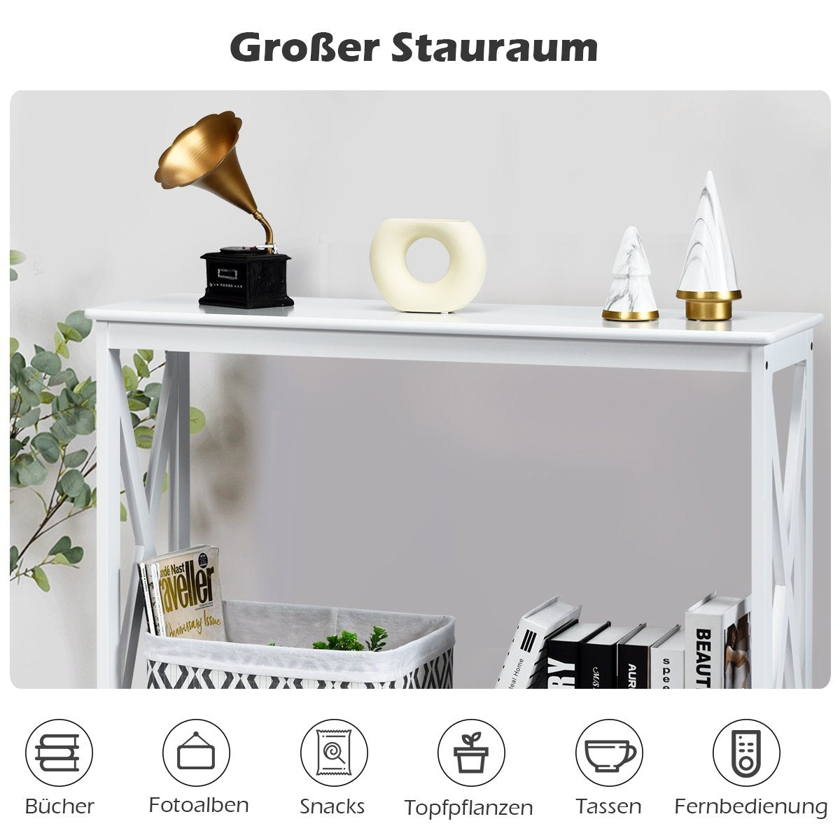 X-shaped narrow console table with 2 levels 100 x 30 x 80 cm white