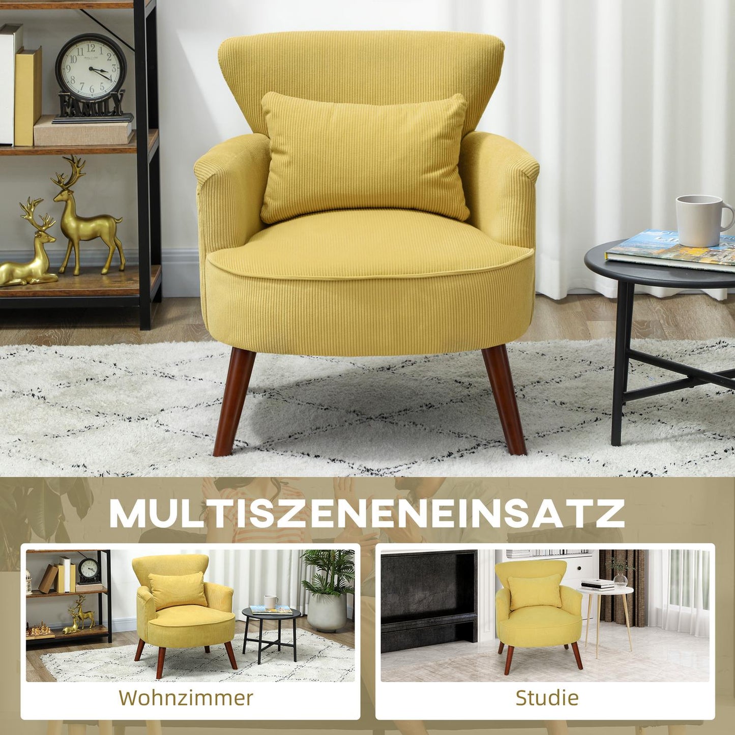 Yellow Armchair with Cushion, Rubberwood Legs, Upholstered