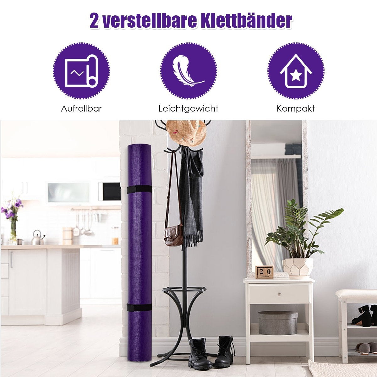 Yoga mat with double-sided non-slip design & 2 adjustable Velcro straps purple