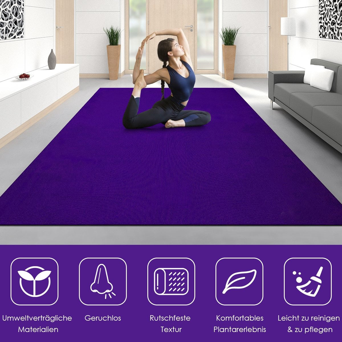Yoga mat with double-sided non-slip design & 2 adjustable Velcro straps purple