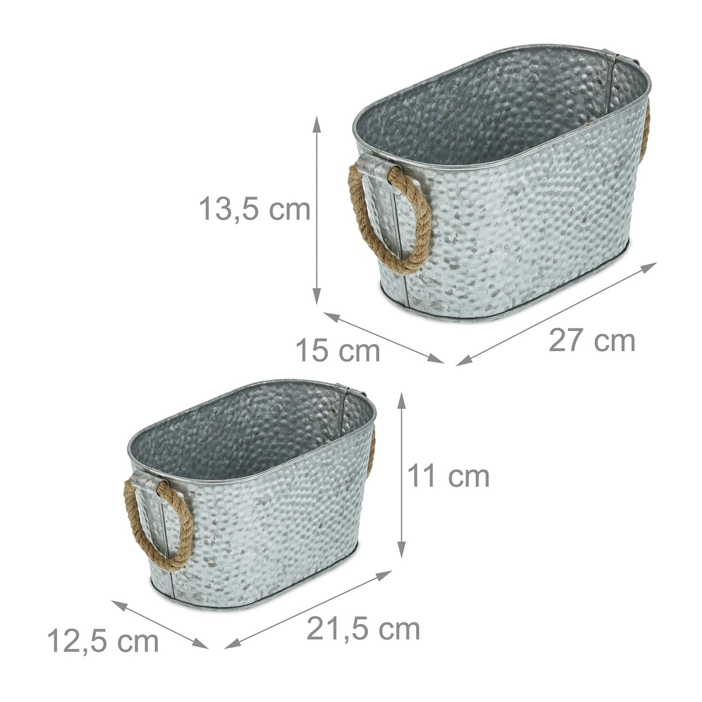 Zinc tub with hammered surface, set of 2