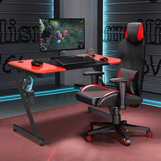 Z-shaped gaming table computer table PC table with cup holder headphone hook & speaker stand desk black/red