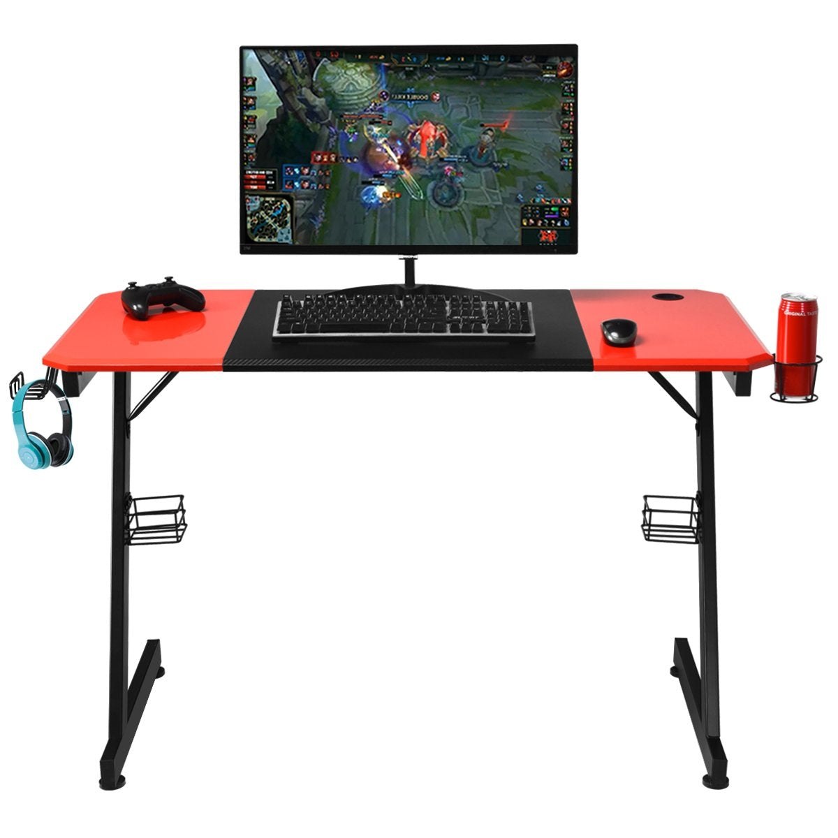 Z-shaped gaming table computer table PC table with cup holder headphone hook & speaker stand desk black/red