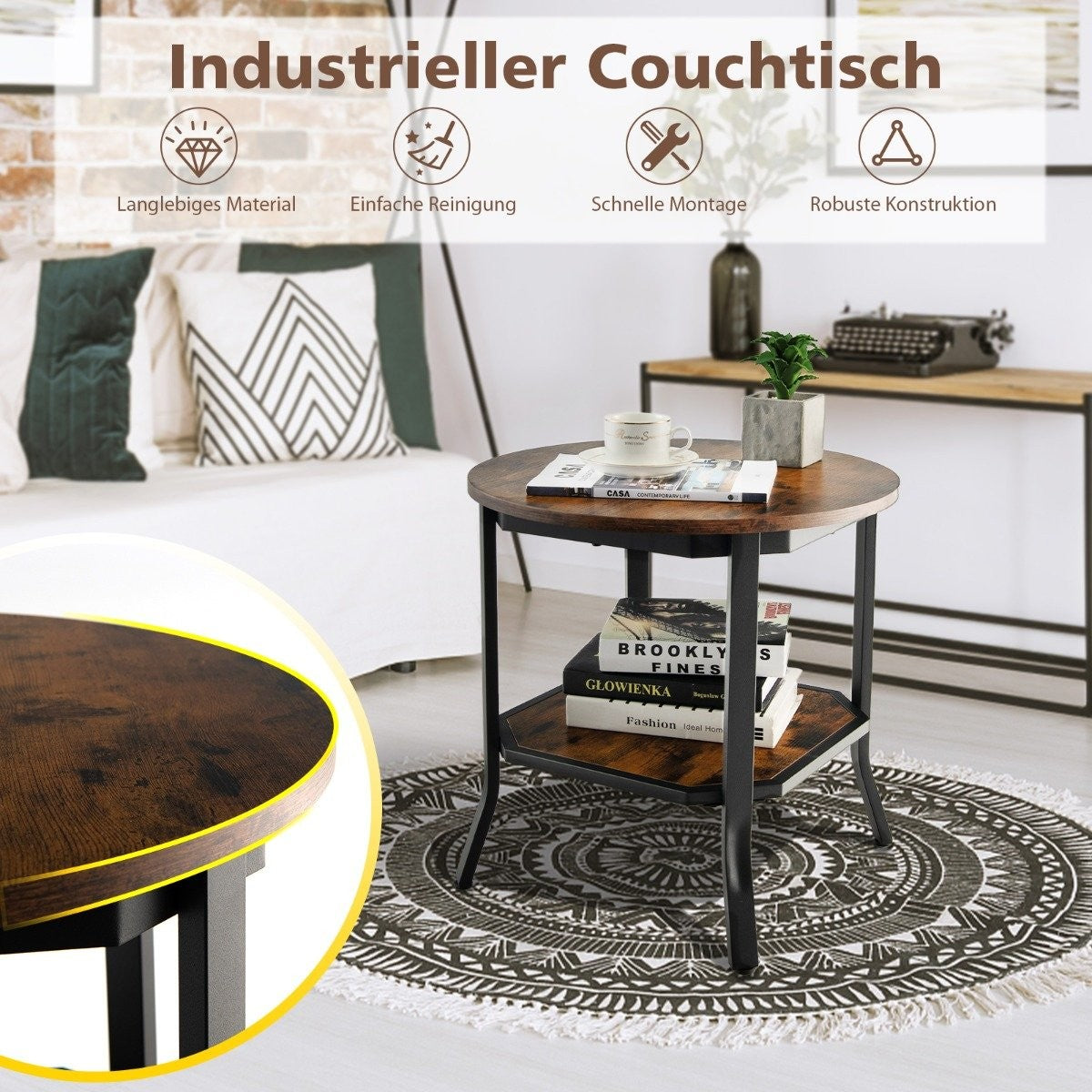 industrial round 2 tier side table with open shelf and steel legs 50 x 50 x 49.5 cm brown