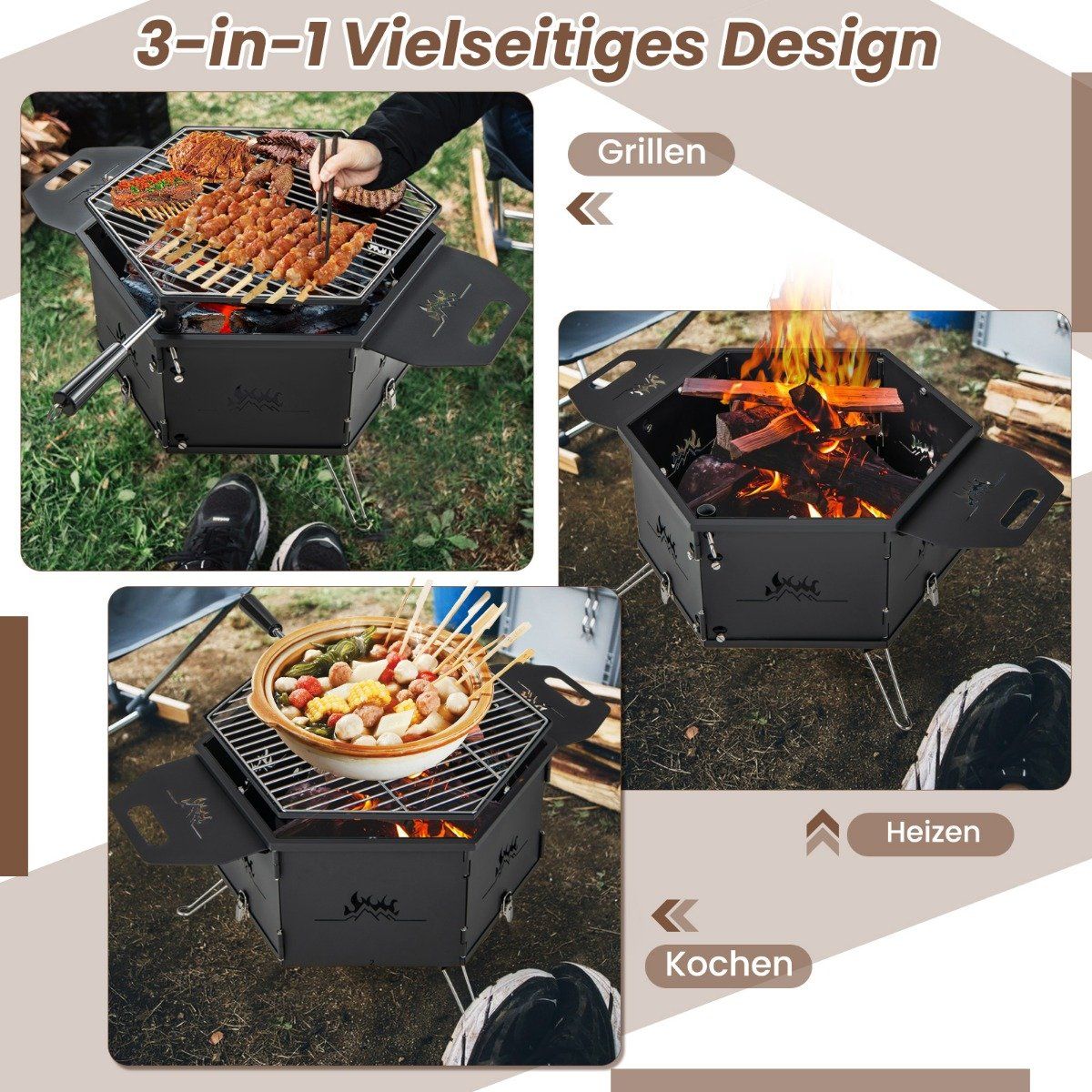 large charcoal grill with 360° rotating grill 2 in 1 fire bowl 77 x 74 x 38 cm