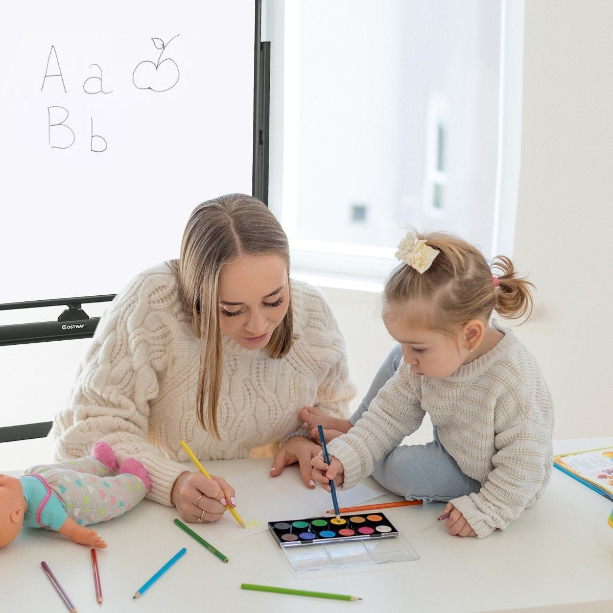 mobile magnetic large reversible whiteboard 360° rotatable 90 x 120 cm black + white