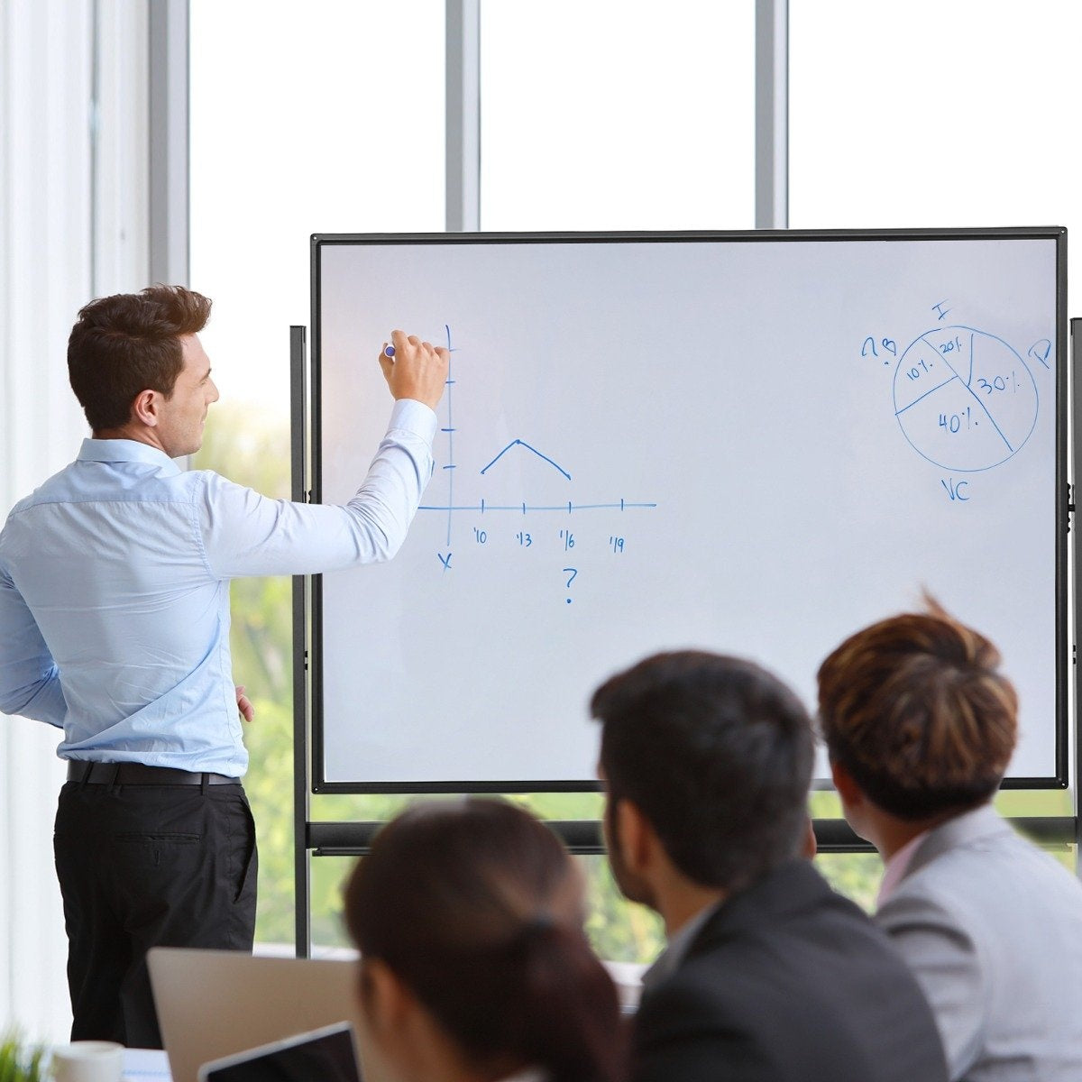 mobile magnetic large reversible whiteboard 360° rotatable 90 x 120 cm black + white