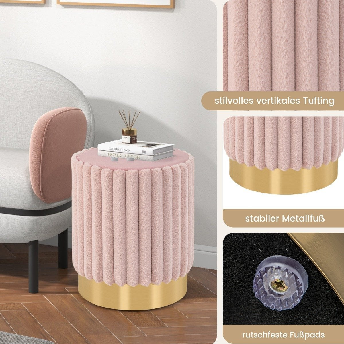 round velvet ottoman upholstered footstool with sturdy metal base φ37 x 43 cm pink