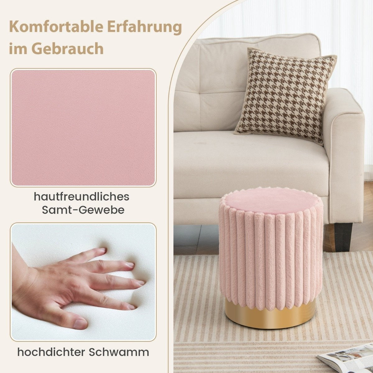 round velvet ottoman upholstered footstool with sturdy metal base φ37 x 43 cm pink