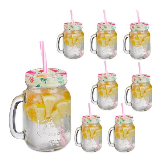 set of 8 drinking glasses with lids Flamingo